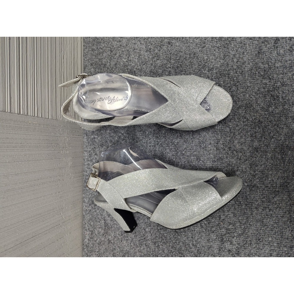 Easy Street Women Heel Sandals 11W Silver Glitter Open Toe Buckle Party Shoe - Picture 6 of 16